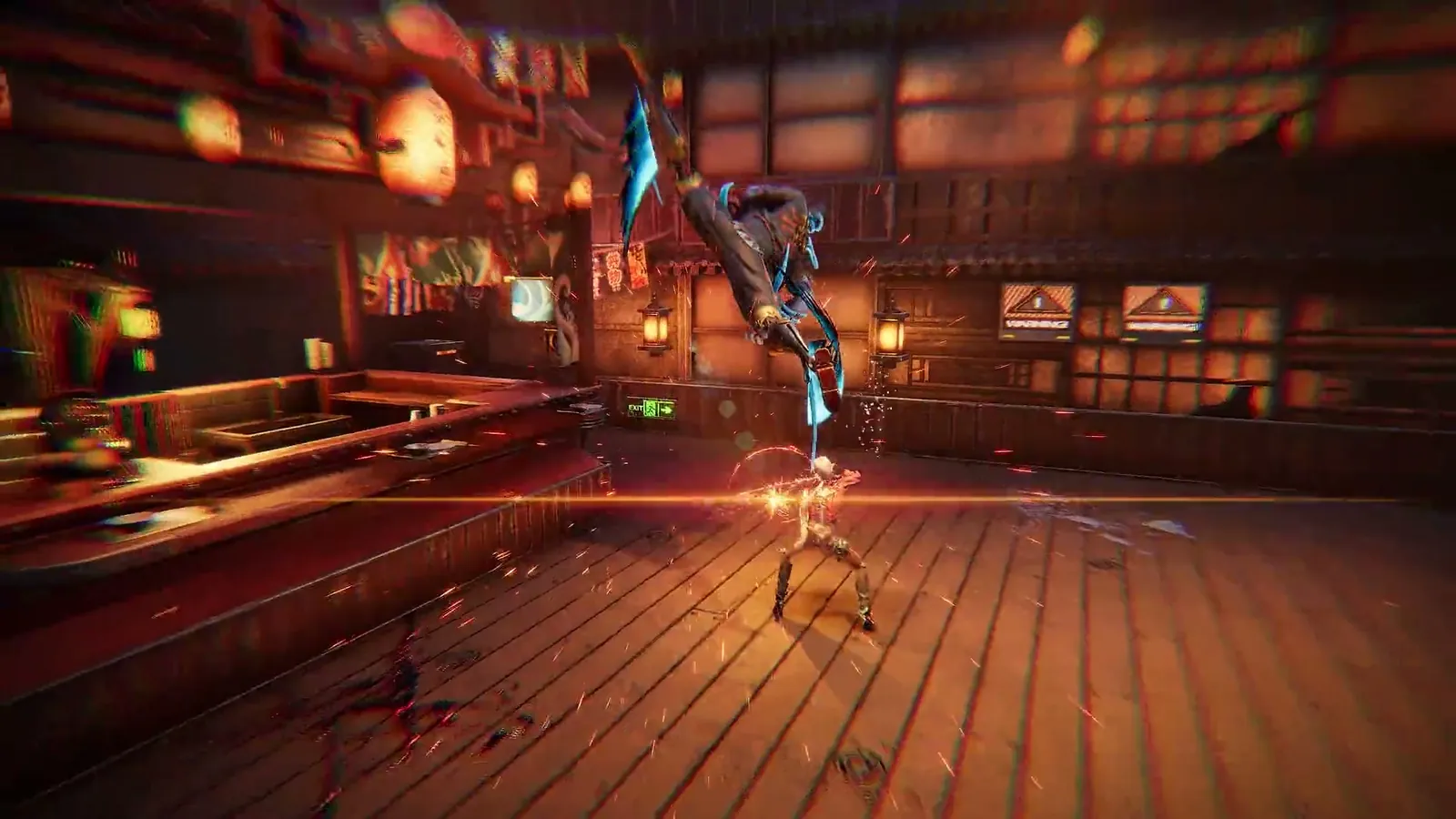 Inside a bar-style interior in ReBlade: The Death Spiral, a fighter leaps through the air while a red laser skims the floor below.