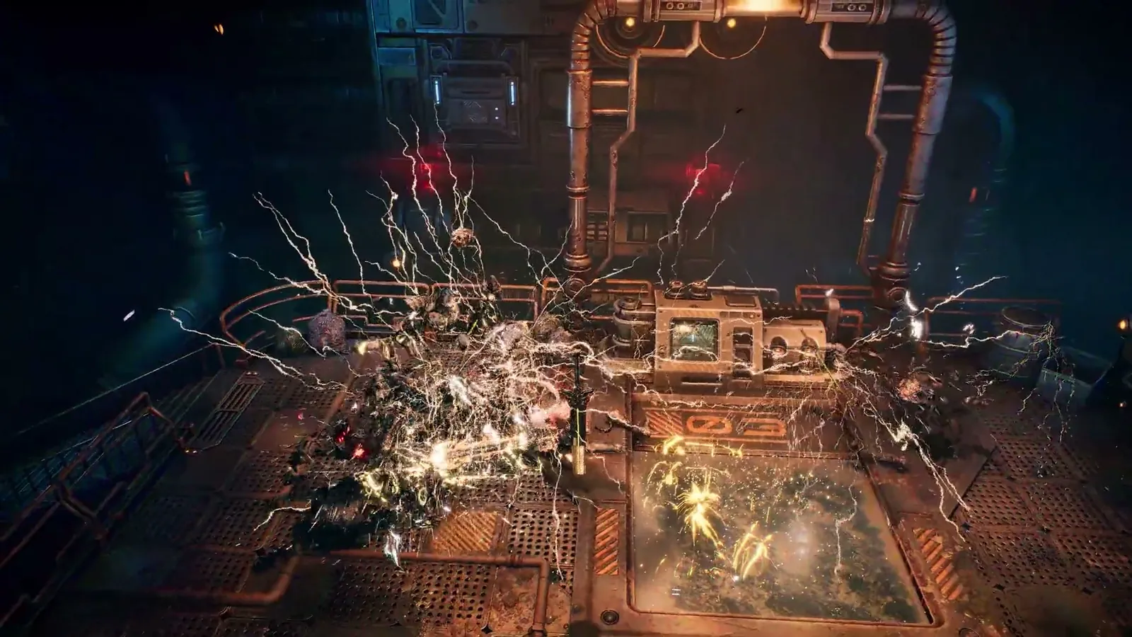 ReBlade The Death Spiral mechanical room with a bright white-gold electric spark burst radiating from the center of the scene.