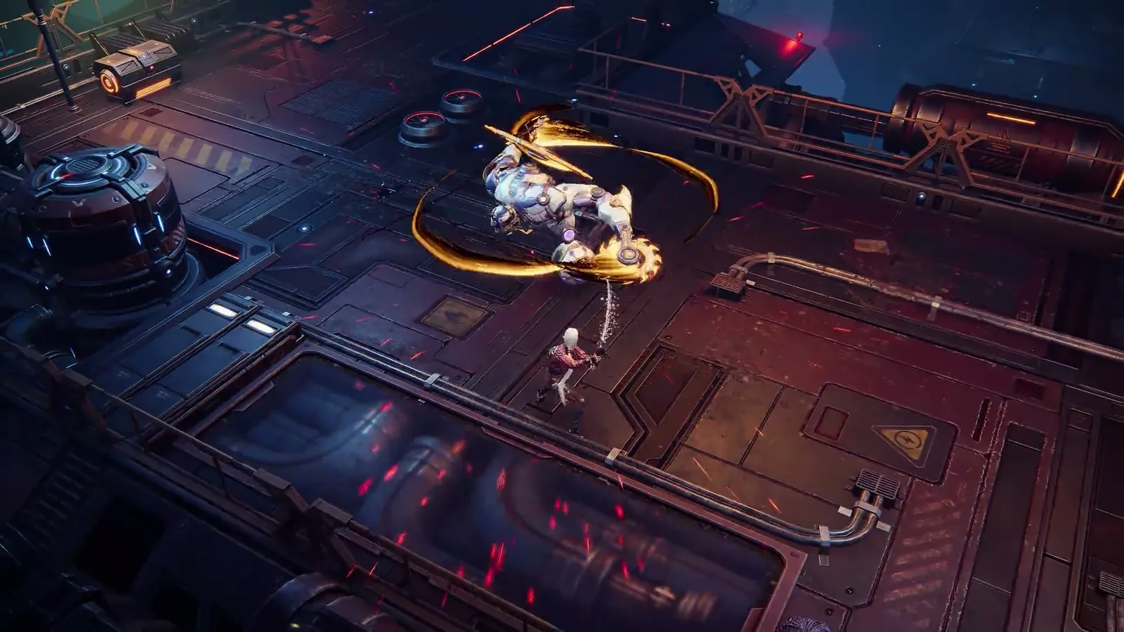 ReBlade The Death Spiral golden arc slash sweeping an industrial arena with the hero centered among enemy silhouettes.