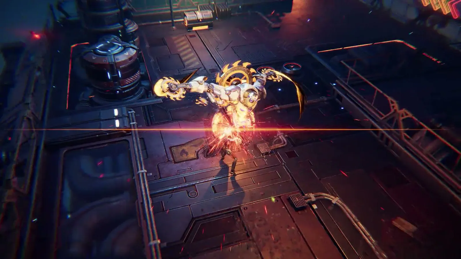 Golden light wraps the ReBlade: The Death Spiral protagonist during a close-quarters fight while a red laser line cuts across the industrial arena floor.