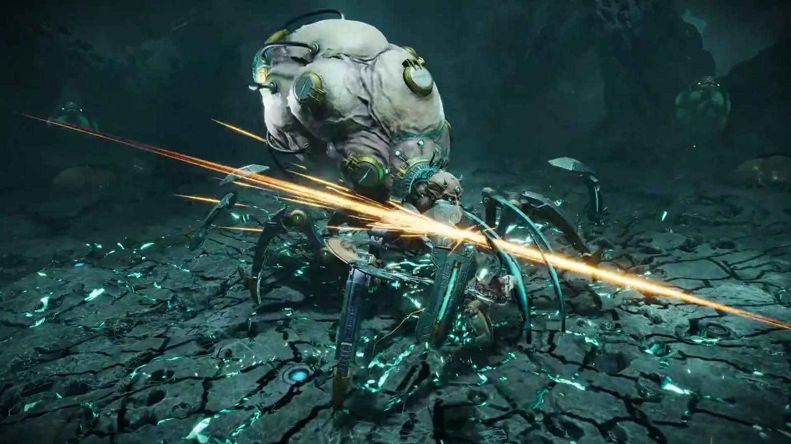 ReBlade The Death Spiral golden slash connecting with a spherical spider-legged machine in teal ruins during top-down combat.