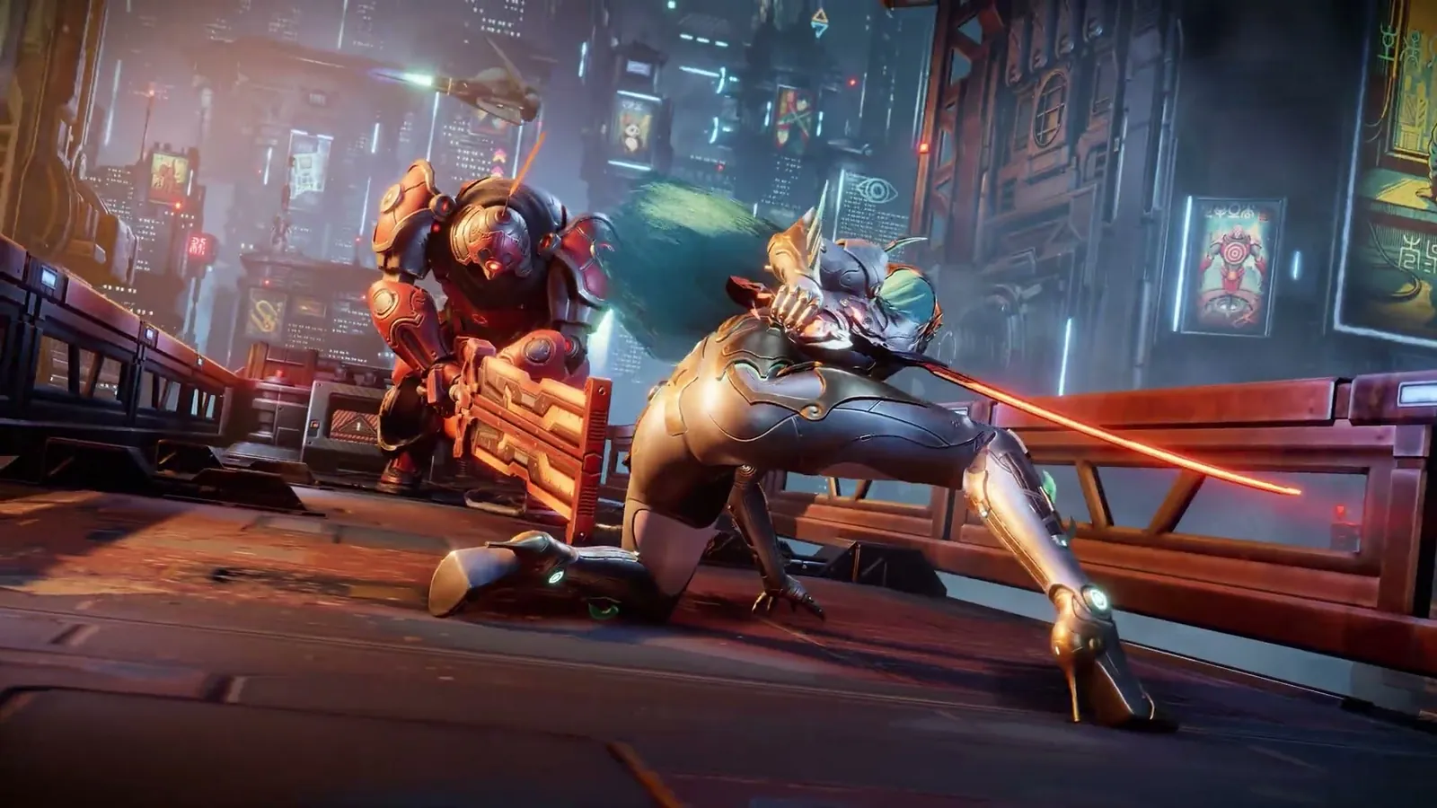 ReBlade The Death Spiral lunge with red blade trail in a neon alley beside an orange armored enemy during a fast strike.