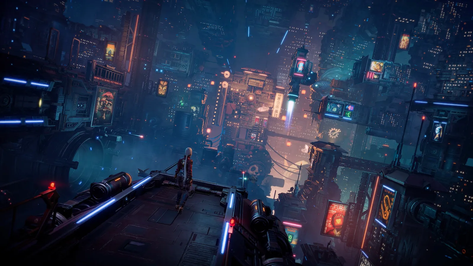 ReBlade The Death Spiral neon rooftop cityscape with the protagonist on a platform overlooking glowing cyberpunk towers at night.