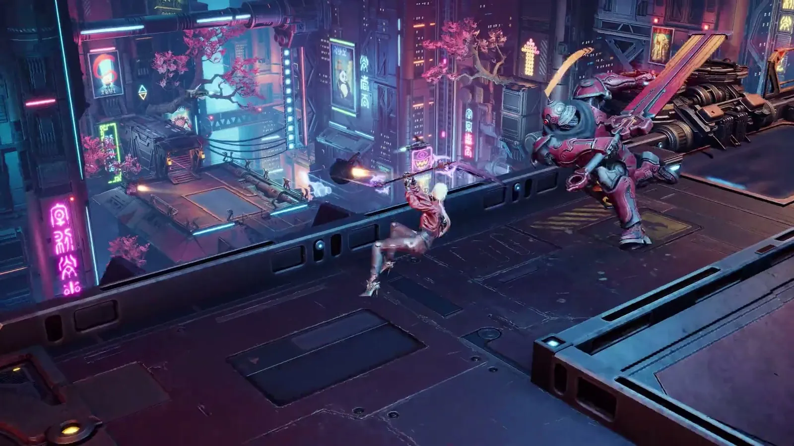 Neon-lit street combat in ReBlade: The Death Spiral pits the protagonist against a large armored enemy under pink and red signs.