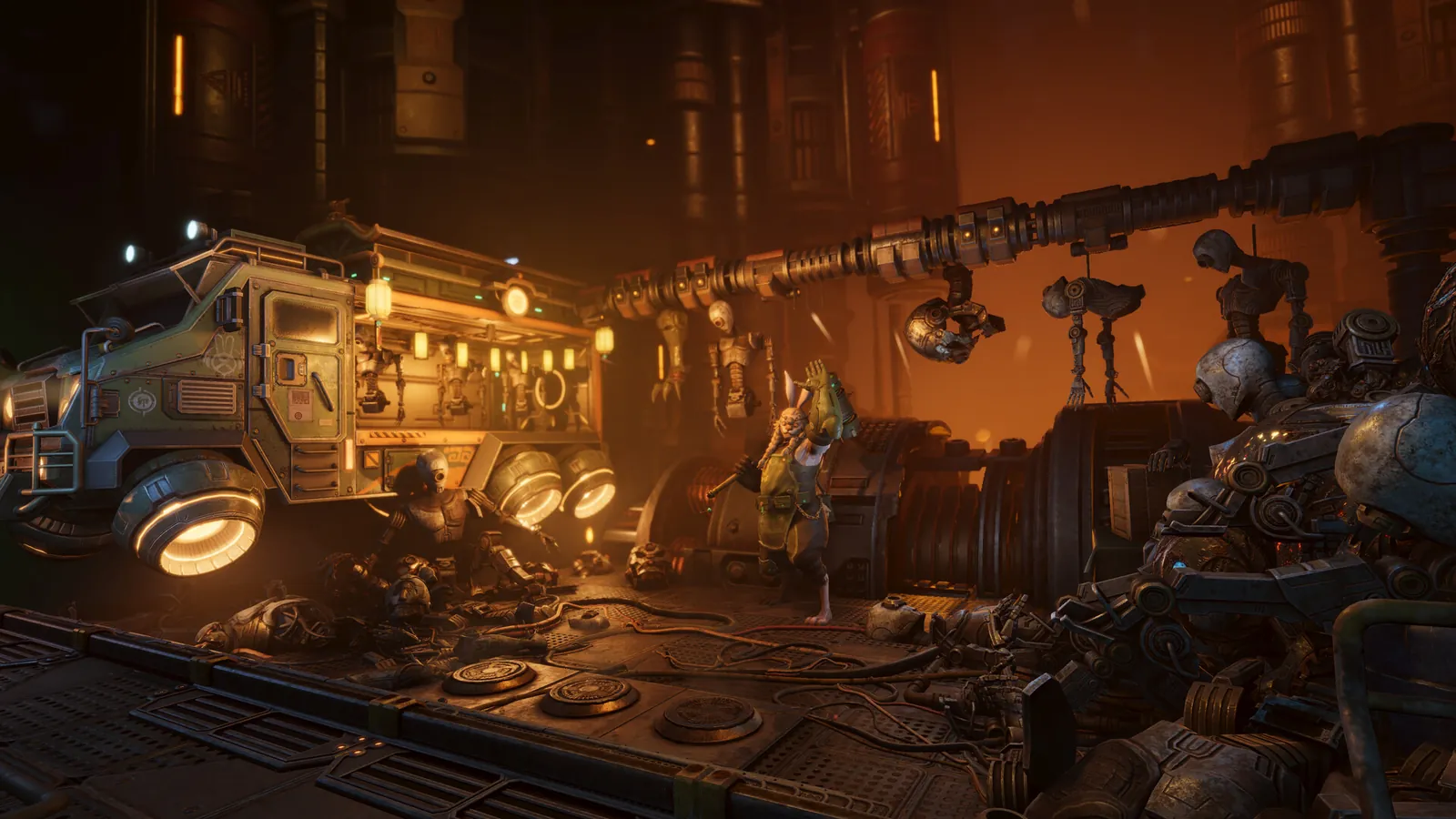 ReBlade The Death Spiral orange-lit garage with a rounded truck, scrap robots, and a small character near industrial lamps.