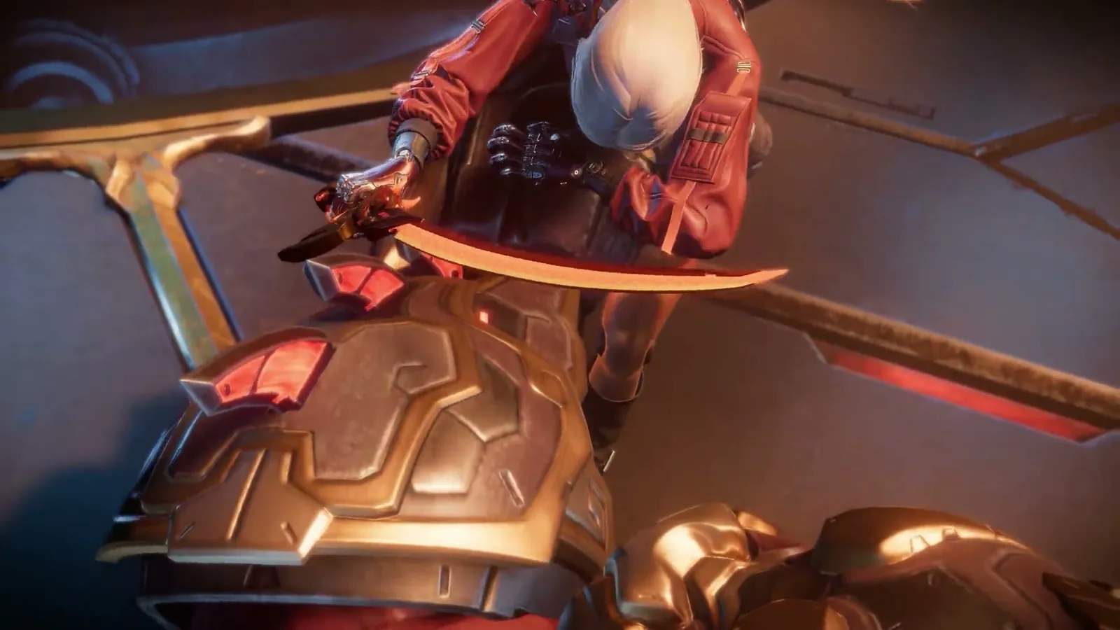 ReBlade The Death Spiral close-up of the white-haired hero holding a curved blade over an armored enemy shoulder in combat.