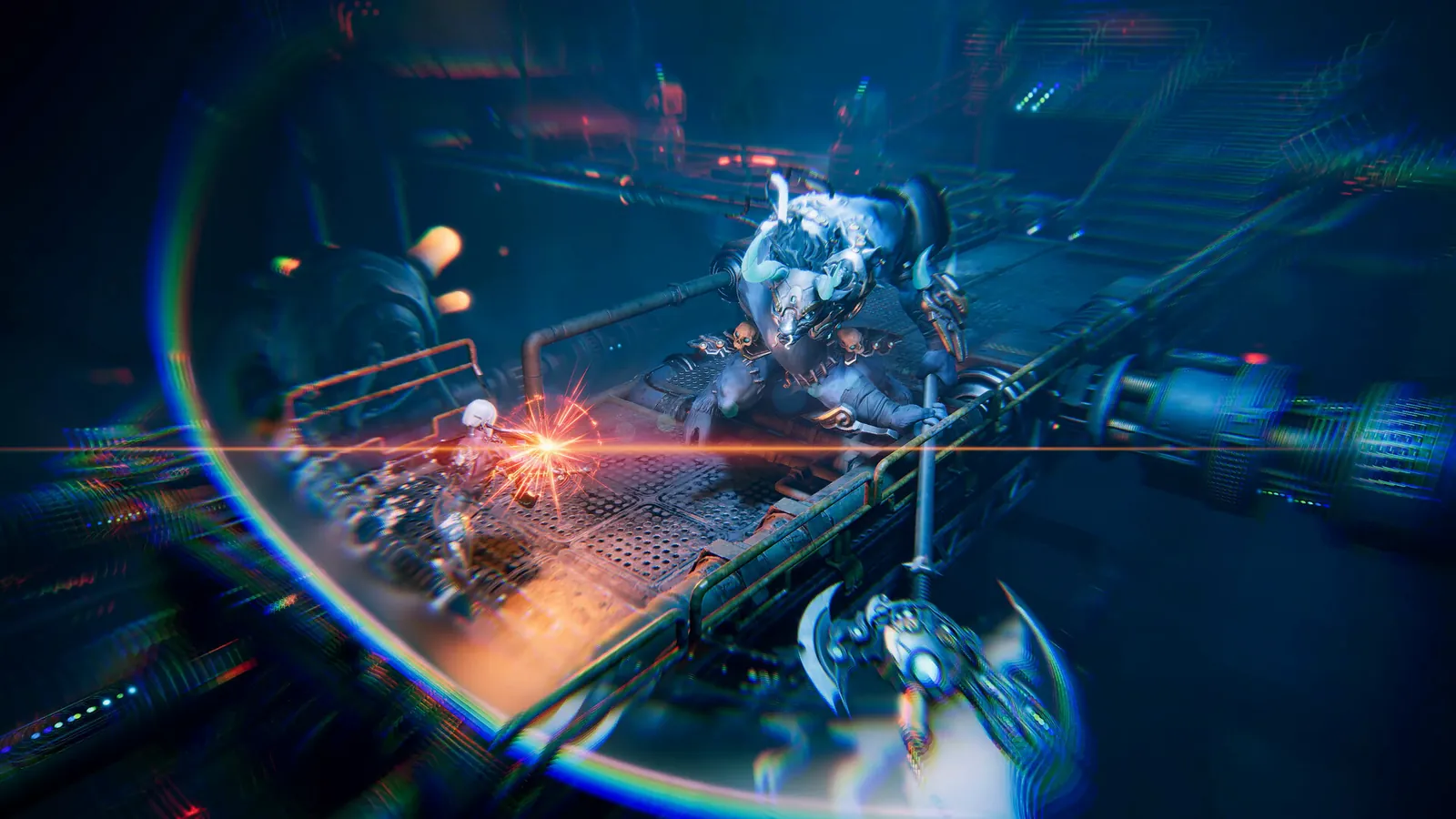 ReBlade The Death Spiral red laser strike sparking off the hero beside a horned armored beast on a metal catwalk in top-down view.