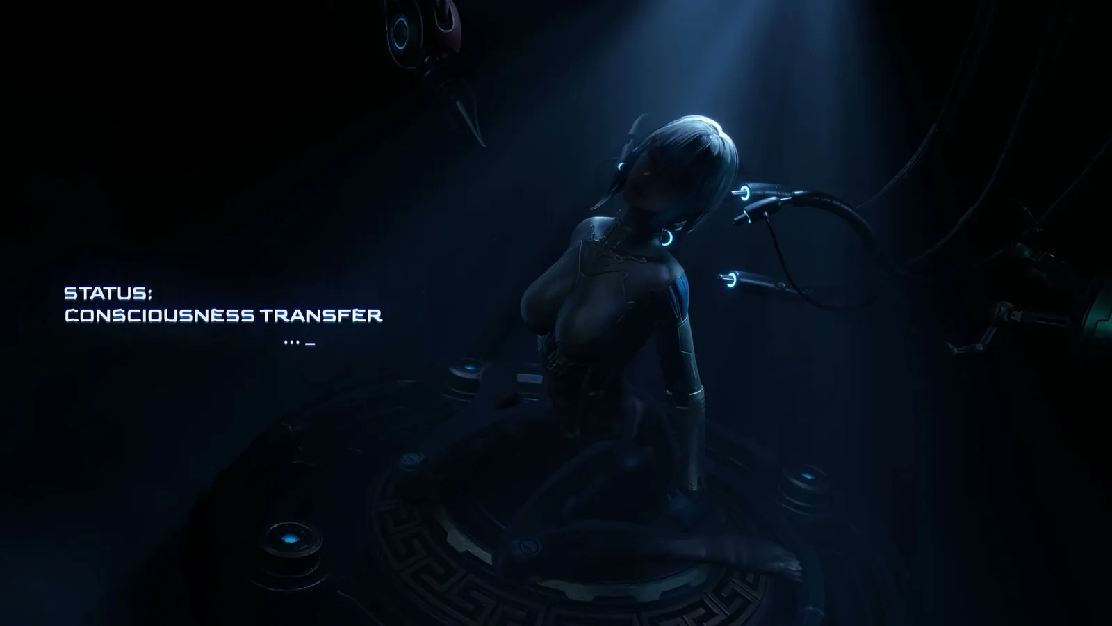 ReBlade The Death Spiral dark title card frame showing STATUS CONSCIOUSNESS TRANSFER text beside a spotlighted suspended humanoid figure.