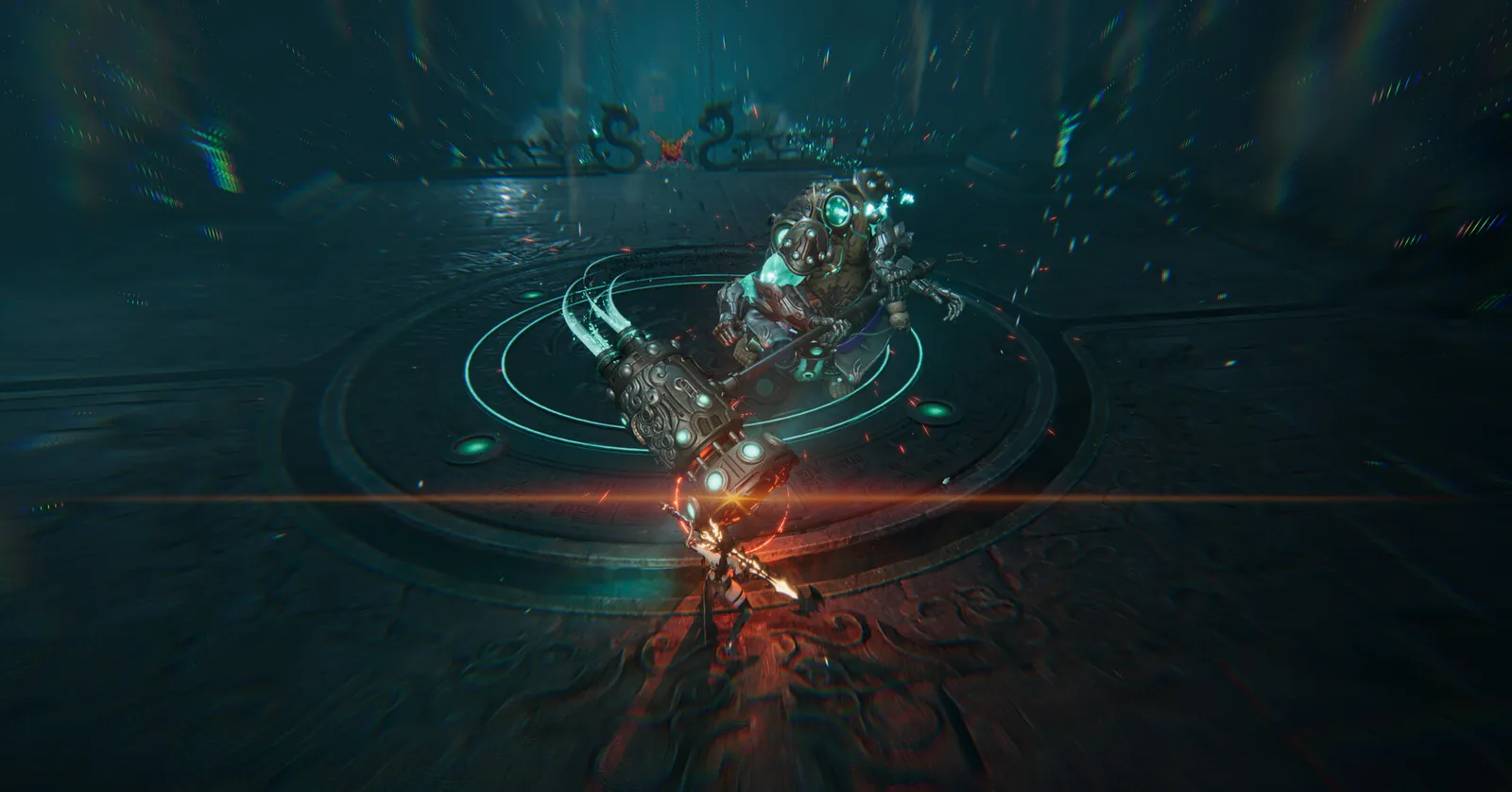 Teal circular arena floors glow with concentric rings as a bladed machine and a red laser line cross ReBlade: The Death Spiral’s isometric boss space.