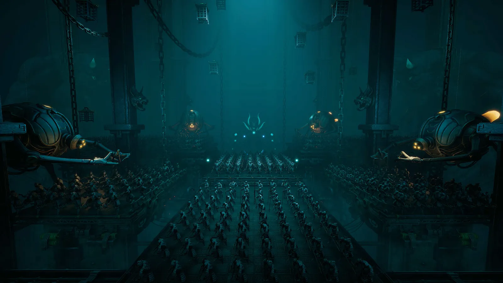 ReBlade The Death Spiral teal hall lined with rows of small seated robot figures and large pod machines with amber lights.