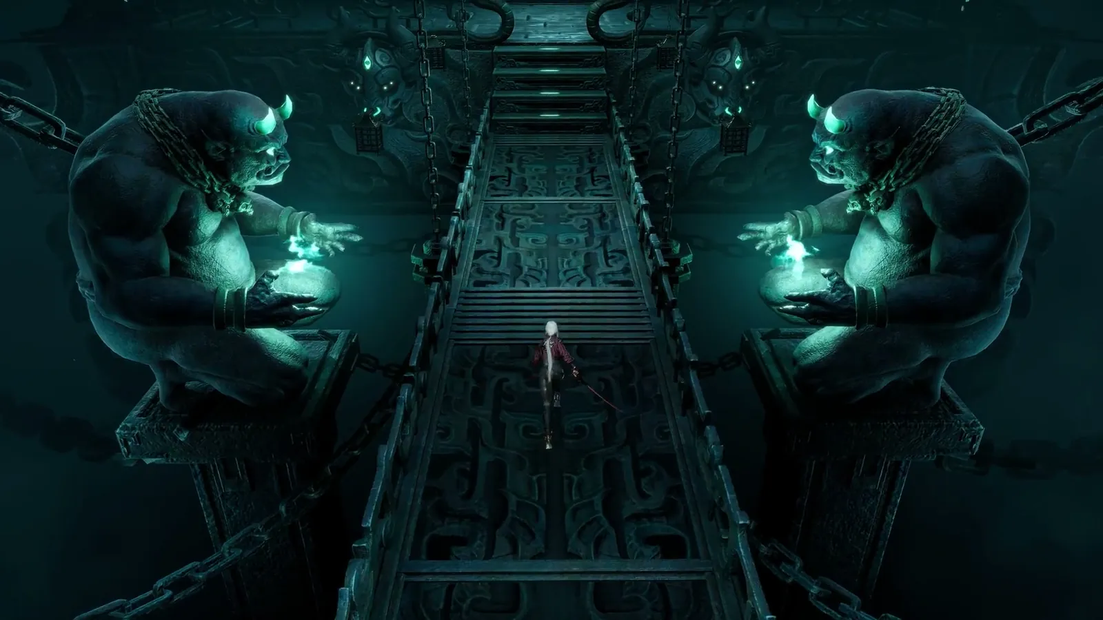 ReBlade The Death Spiral green-lit corridor with two large seated cyborg statues flanking a metal walkway and a tiny protagonist ahead.