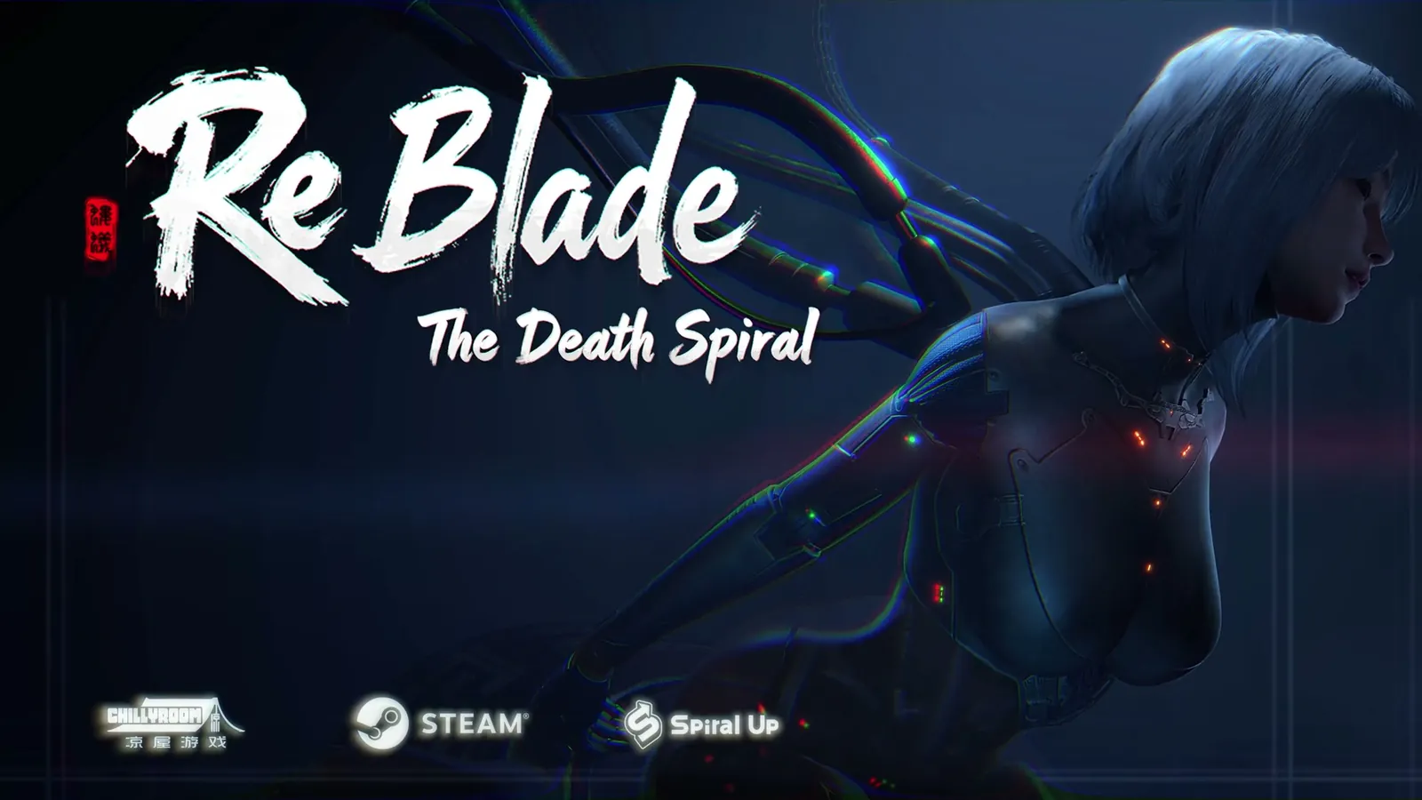 ReBlade The Death Spiral official end card with WISHLIST NOW text, Steam branding, and the silver-haired synthetic character without any release date shown.